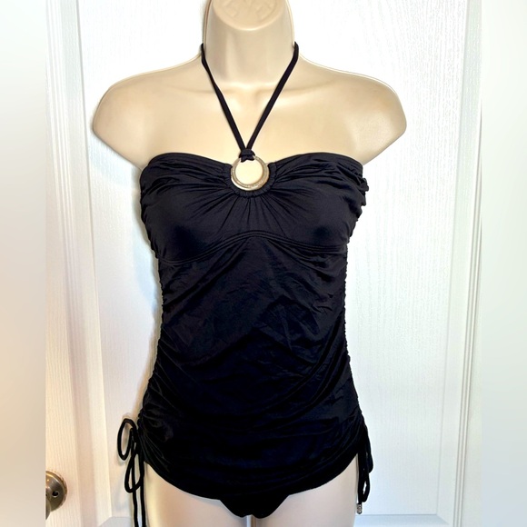 Michael Kors Black Halter One Piece Swimsuit with Silver Ring Detail Size 6! - Picture 1 of 13